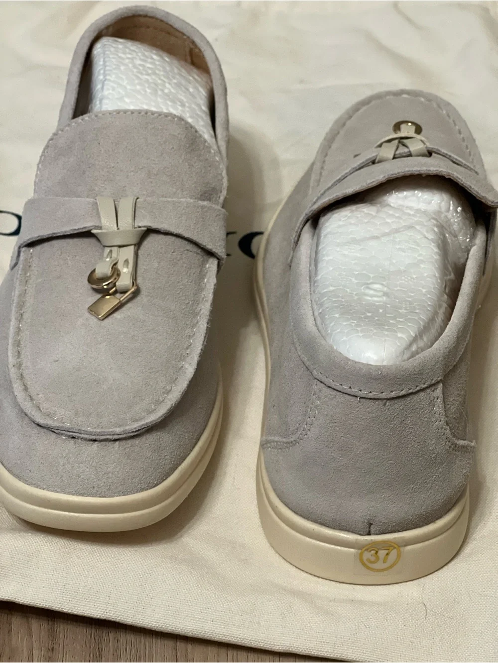Suede Slip-On Loafers in Light Gray with Gold Accent